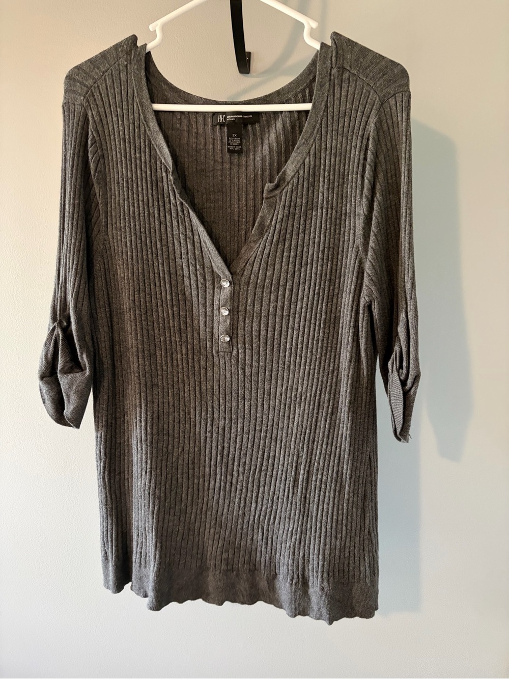 INC International Concepts Gray Ribbed V-Neck Henley Tunic
